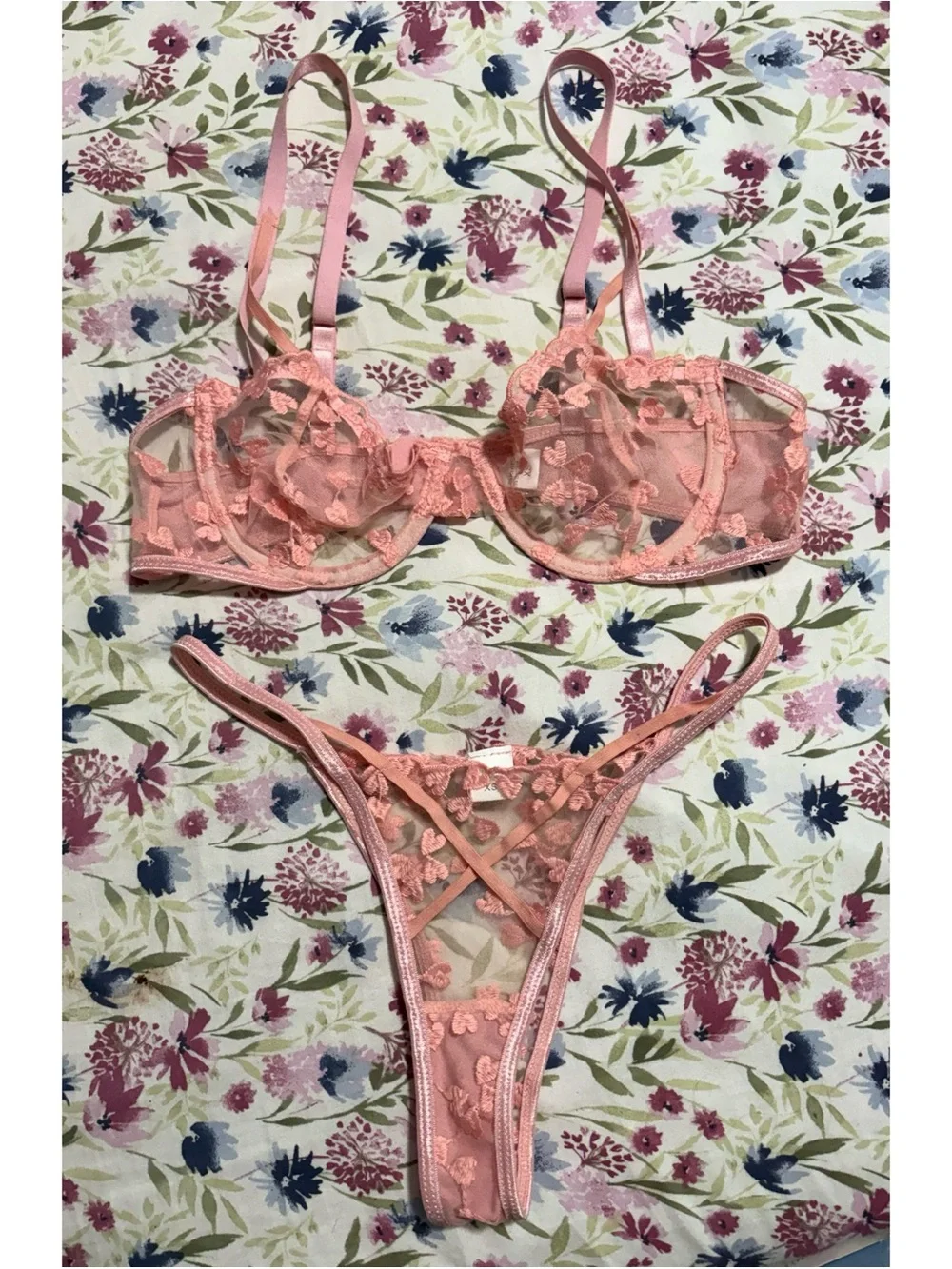 Floral hearts pink embroidered sheer lingerie set